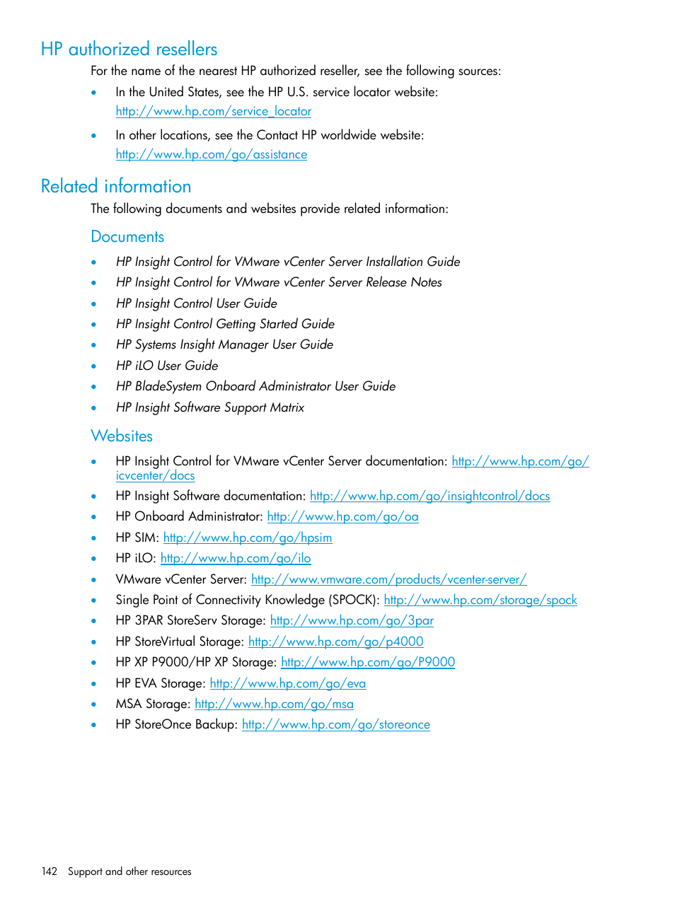 Hp authorized resellers, Related information, Hp authorized resellers related information | Documents, Websites | HP OneView for VMware vCenter User Manual | Page 142 / 153