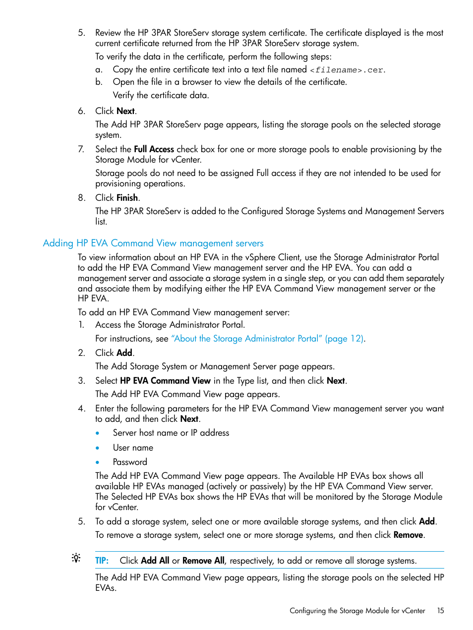 Adding hp eva command view management servers | HP OneView for VMware vCenter User Manual | Page 15 / 153