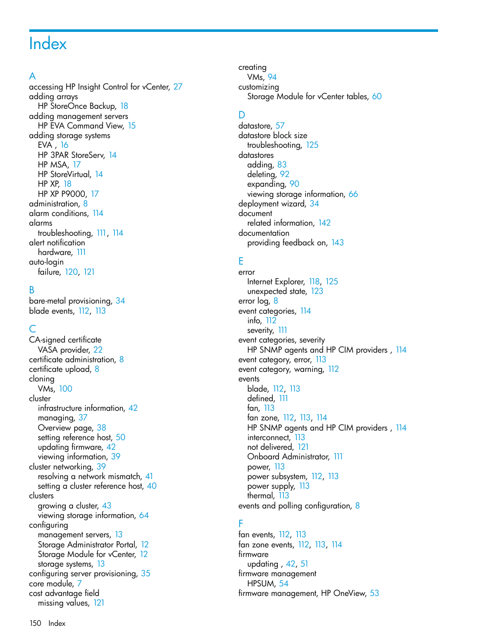 Index | HP OneView for VMware vCenter User Manual | Page 150 / 153