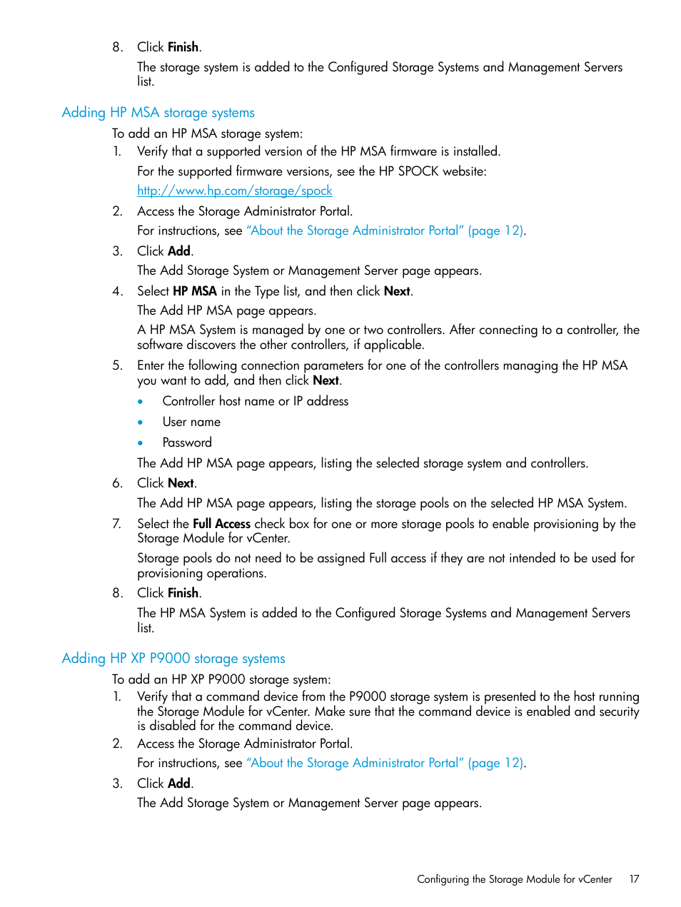 Adding hp msa storage systems, Adding hp xp p9000 storage systems | HP OneView for VMware vCenter User Manual | Page 17 / 153