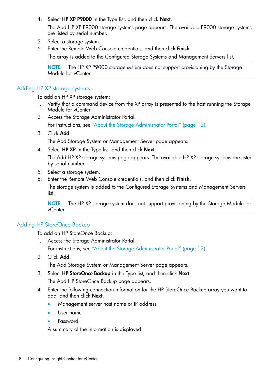 Adding hp xp storage systems, Adding hp storeonce backup | HP OneView for VMware vCenter User Manual | Page 18 / 153