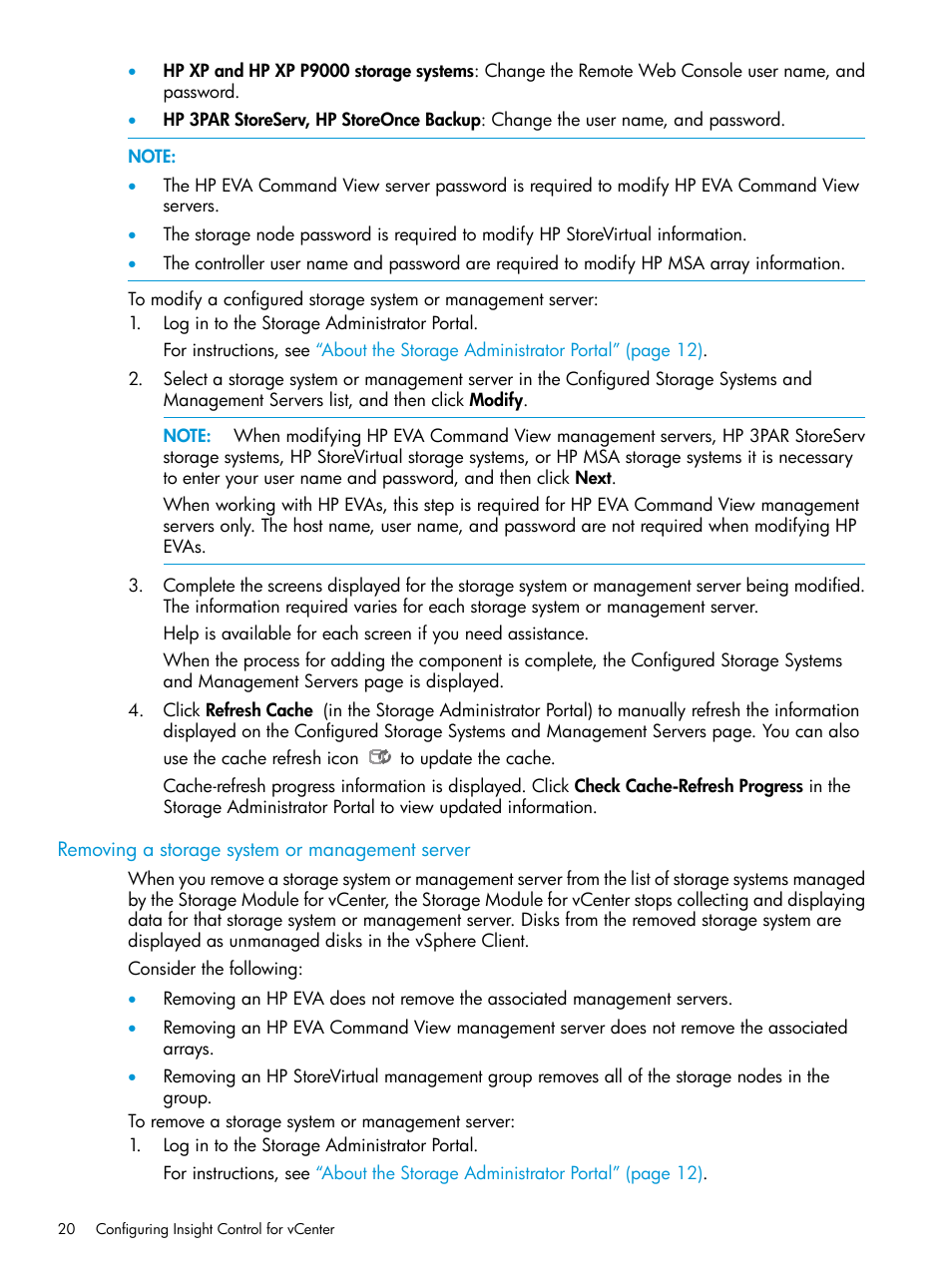 Removing a storage system or management server | HP OneView for VMware vCenter User Manual | Page 20 / 153