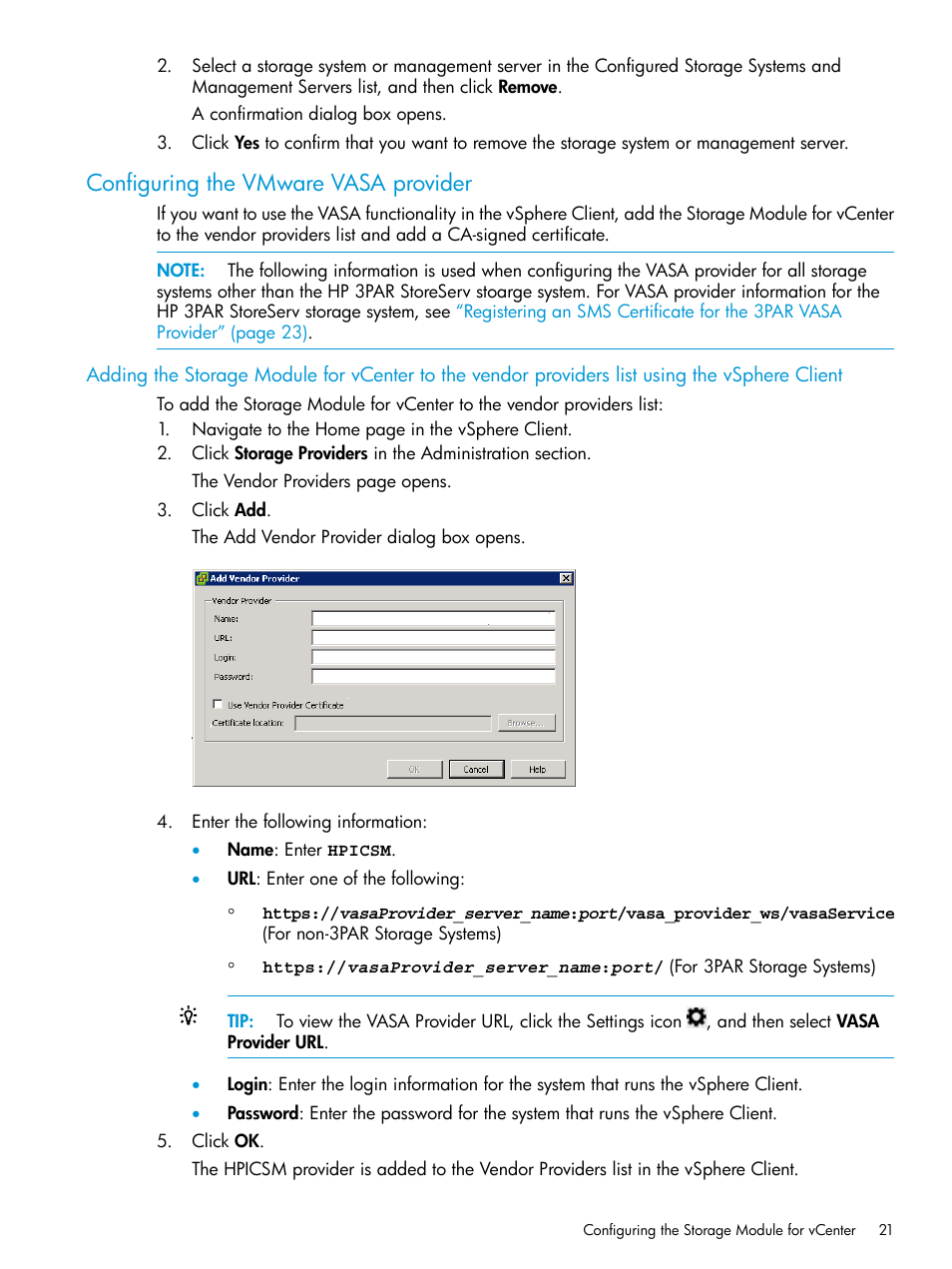 Configuring the vmware vasa provider | HP OneView for VMware vCenter User Manual | Page 21 / 153