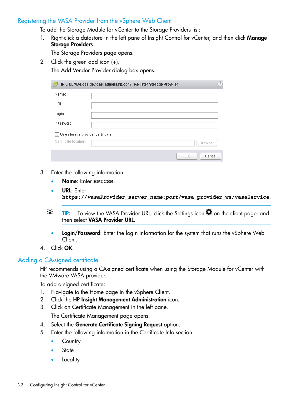 Adding a ca-signed certificate | HP OneView for VMware vCenter User Manual | Page 22 / 153