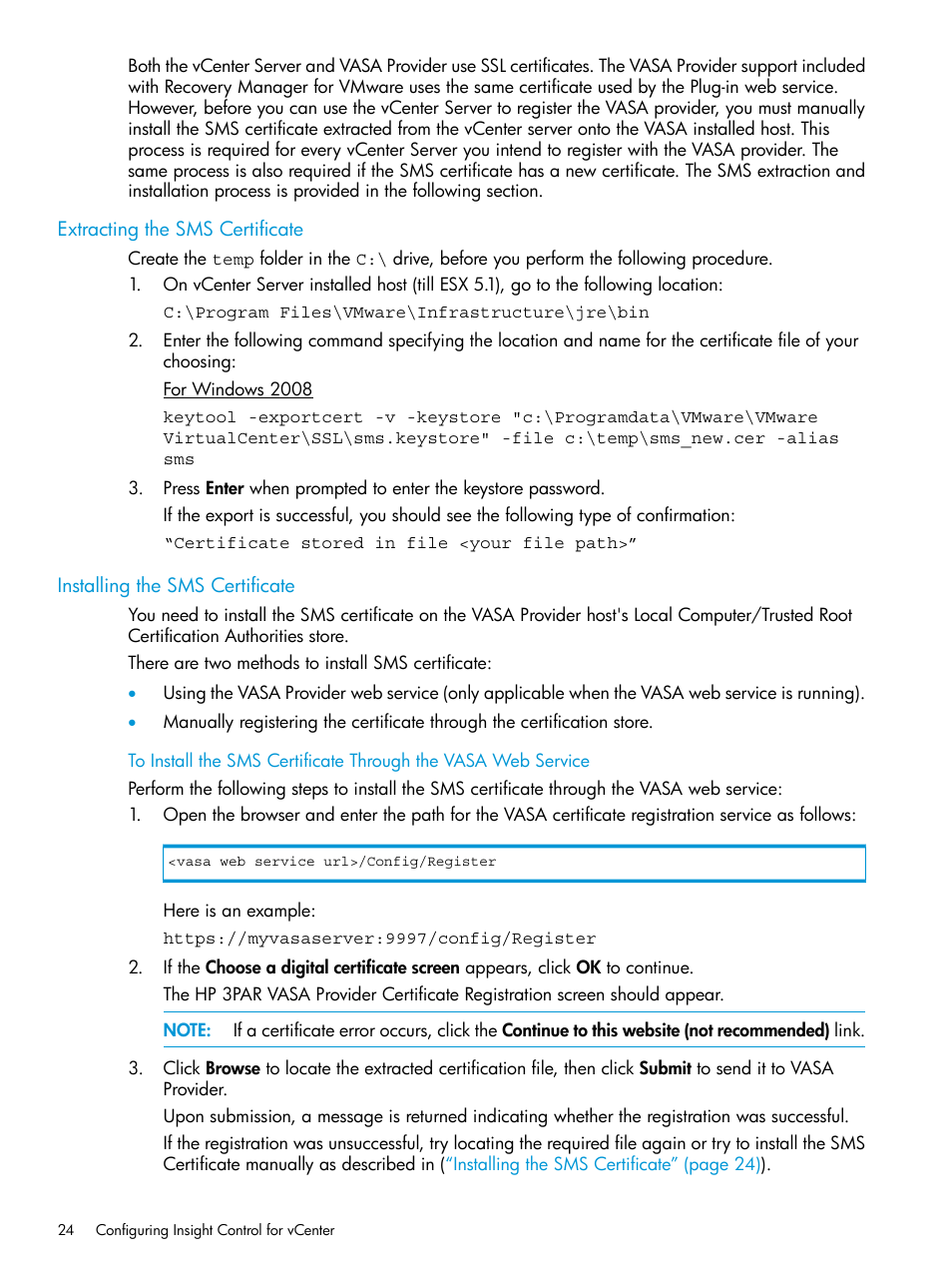 Extracting the sms certificate, Installing the sms certificate | HP OneView for VMware vCenter User Manual | Page 24 / 153