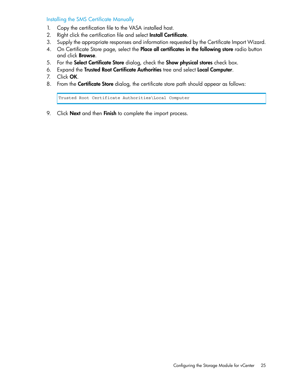 Installing the sms certificate manually | HP OneView for VMware vCenter User Manual | Page 25 / 153