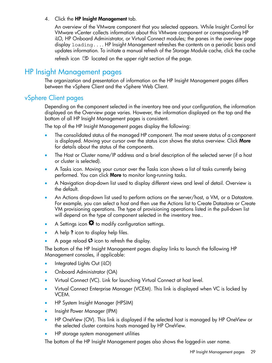 Hp insight management pages, Vsphere client pages | HP OneView for VMware vCenter User Manual | Page 29 / 153