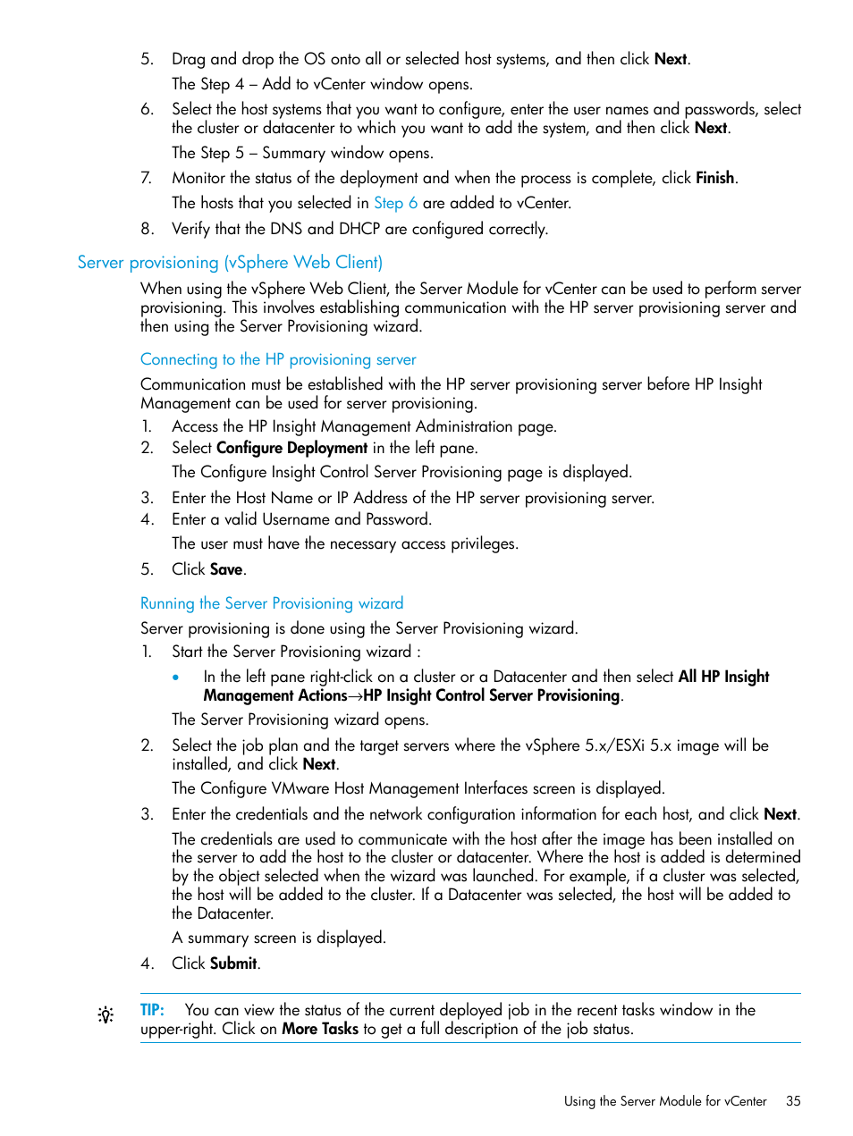 Server provisioning (vsphere web client), Connecting to the hp provisioning server, Running the server provisioning wizard | HP OneView for VMware vCenter User Manual | Page 35 / 153