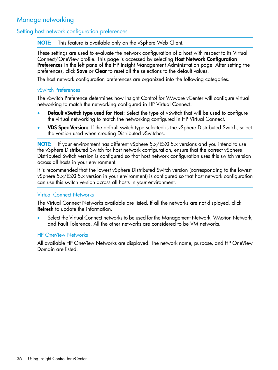 Manage networking, Setting host network configuration preferences | HP OneView for VMware vCenter User Manual | Page 36 / 153