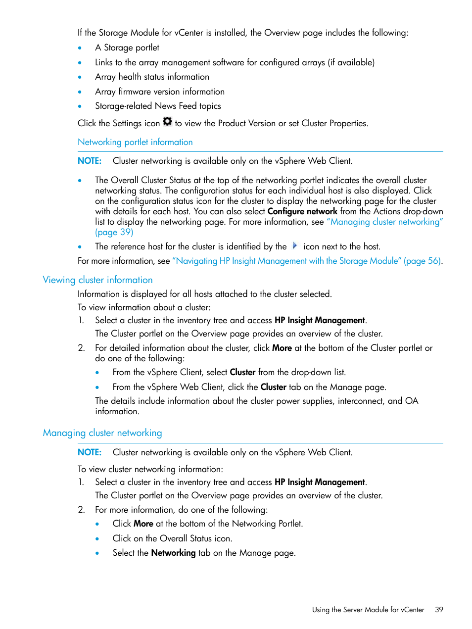 Viewing cluster information, Managing cluster networking | HP OneView for VMware vCenter User Manual | Page 39 / 153