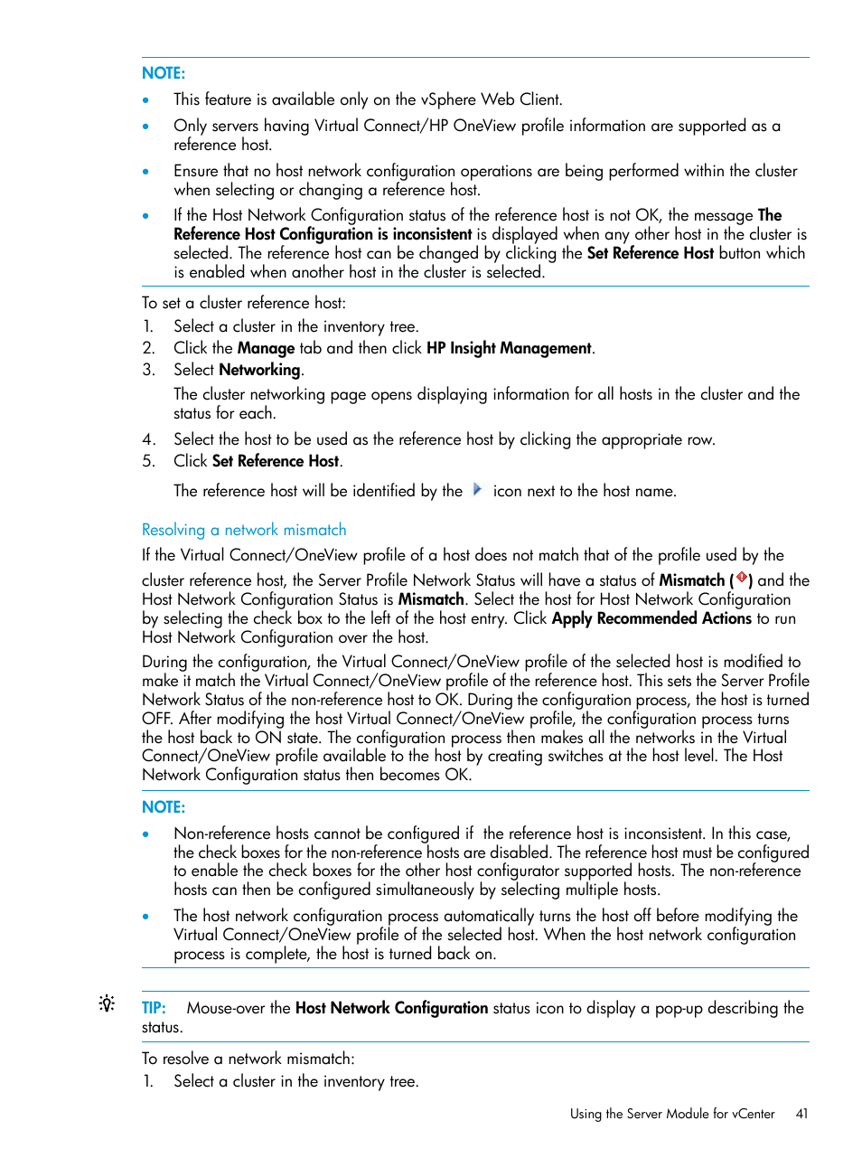 Resolving a network mismatch | HP OneView for VMware vCenter User Manual | Page 41 / 153