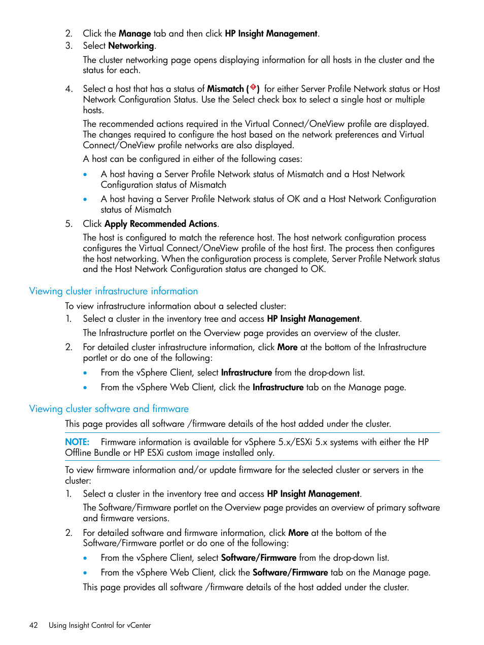 Viewing cluster infrastructure information, Viewing cluster software and firmware | HP OneView for VMware vCenter User Manual | Page 42 / 153