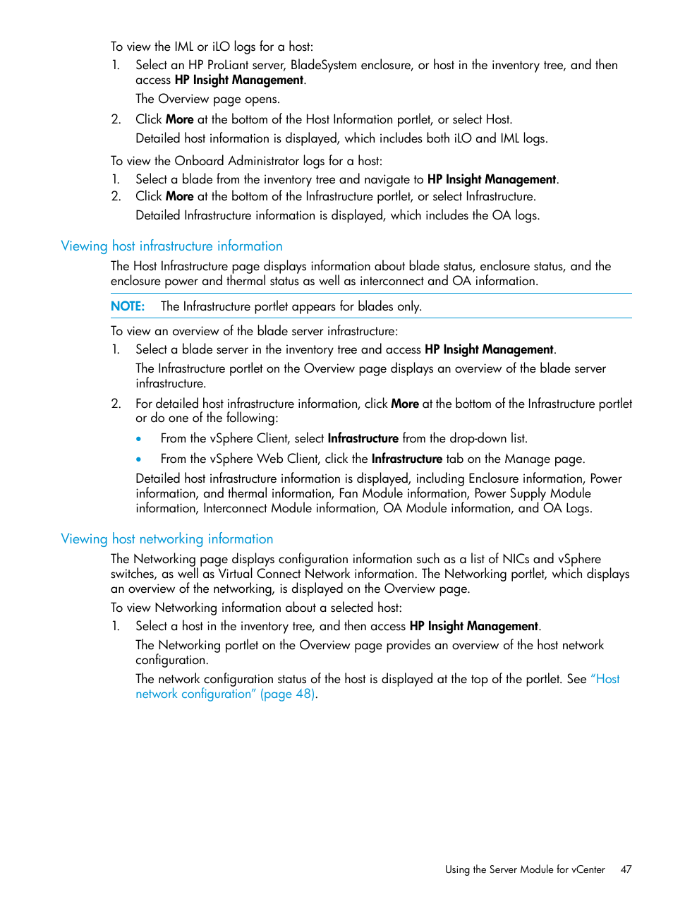 Viewing host infrastructure information, Viewing host networking information | HP OneView for VMware vCenter User Manual | Page 47 / 153