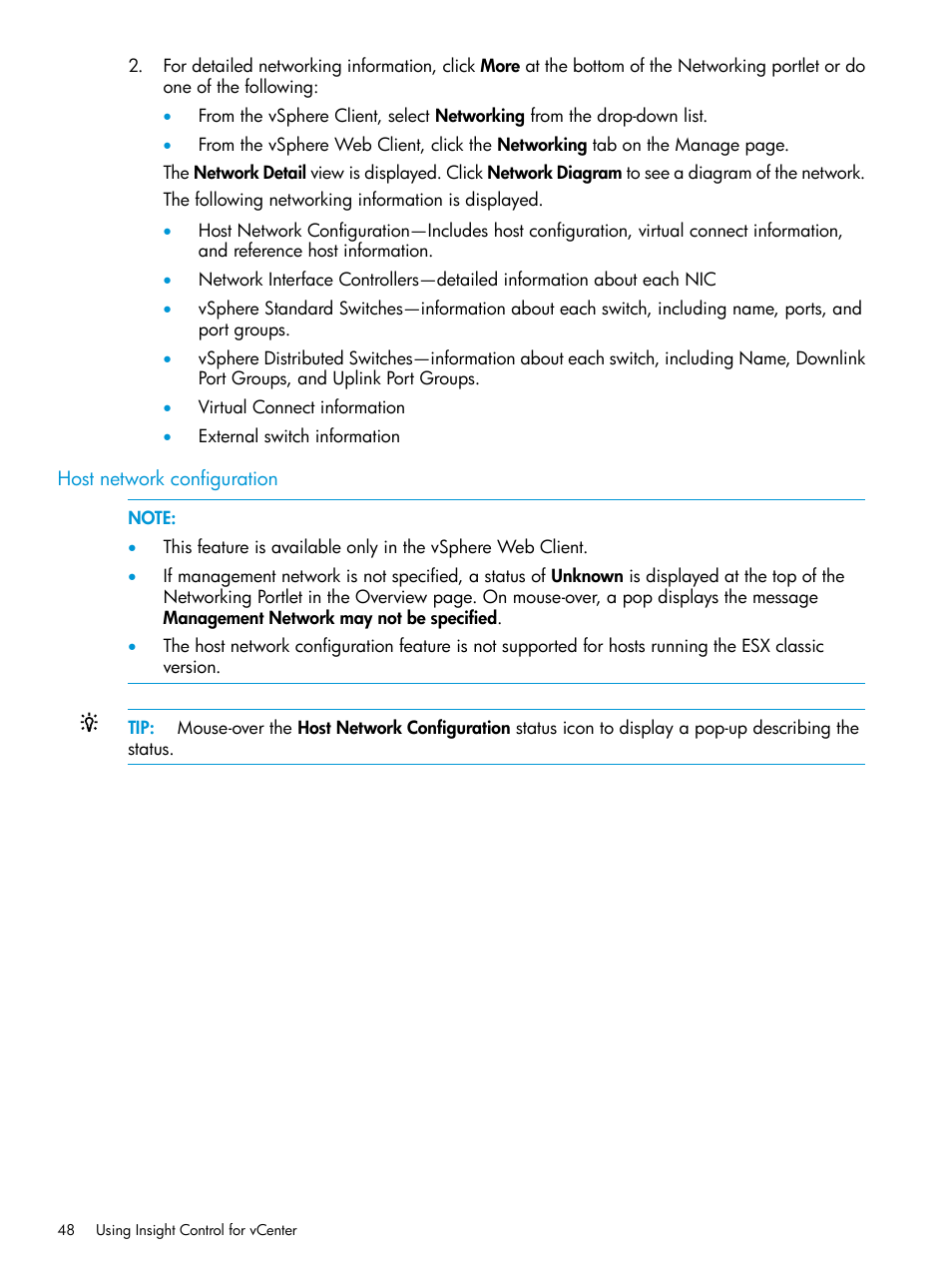 Host network configuration | HP OneView for VMware vCenter User Manual | Page 48 / 153