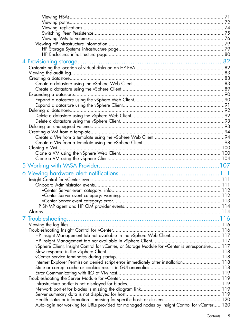 4 provisioning storage, 7 troubleshooting | HP OneView for VMware vCenter User Manual | Page 5 / 153