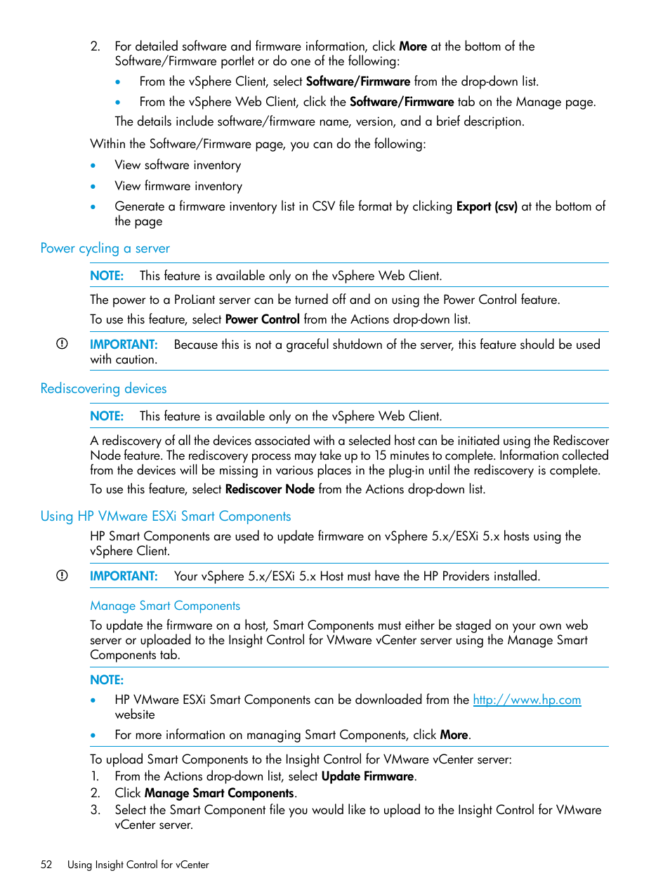 Power cycling a server, Rediscovering devices, Using hp vmware esxi smart components | HP OneView for VMware vCenter User Manual | Page 52 / 153