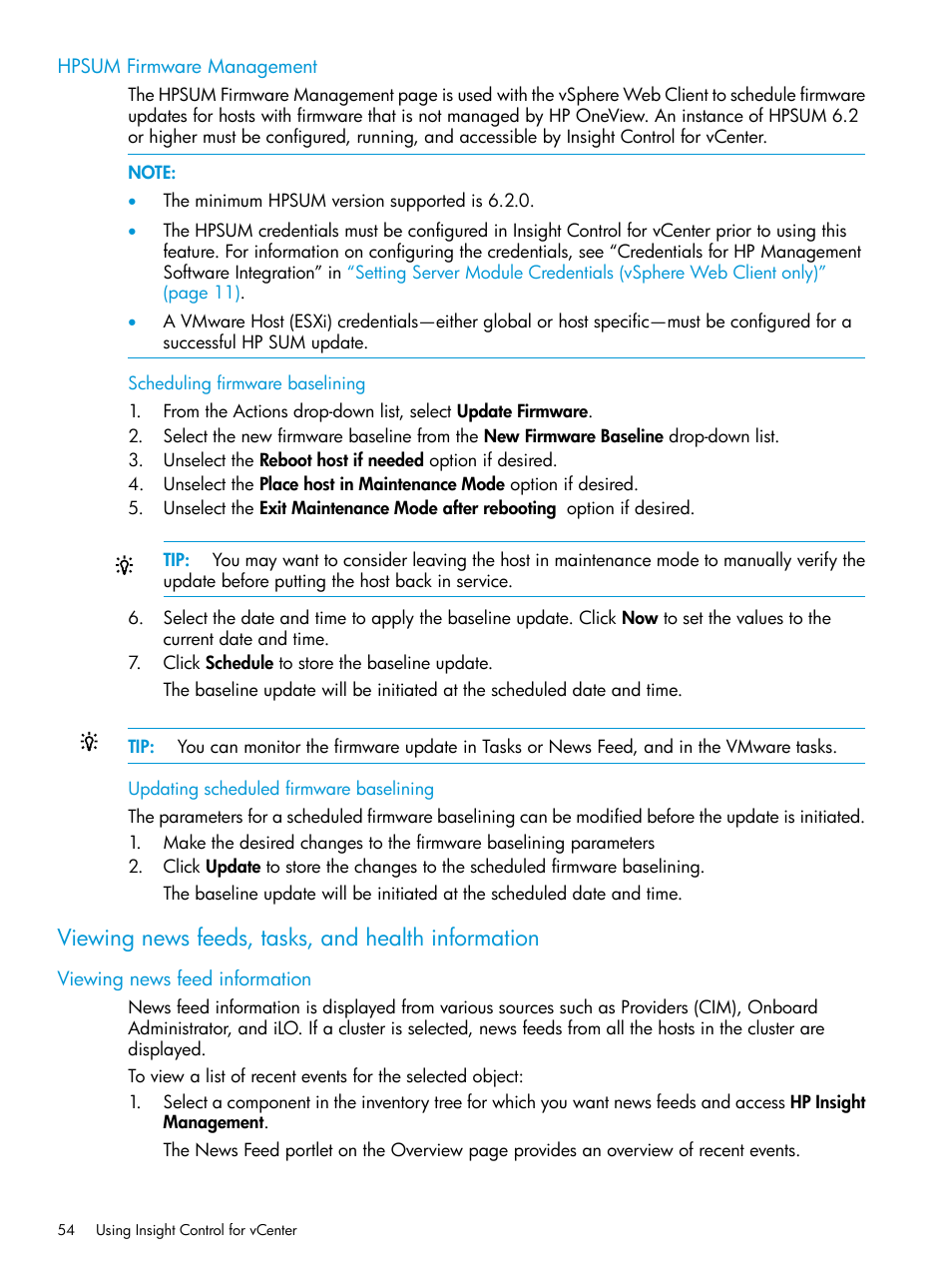 Hpsum firmware management, Viewing news feeds, tasks, and health information, Viewing news feed information | HP OneView for VMware vCenter User Manual | Page 54 / 153