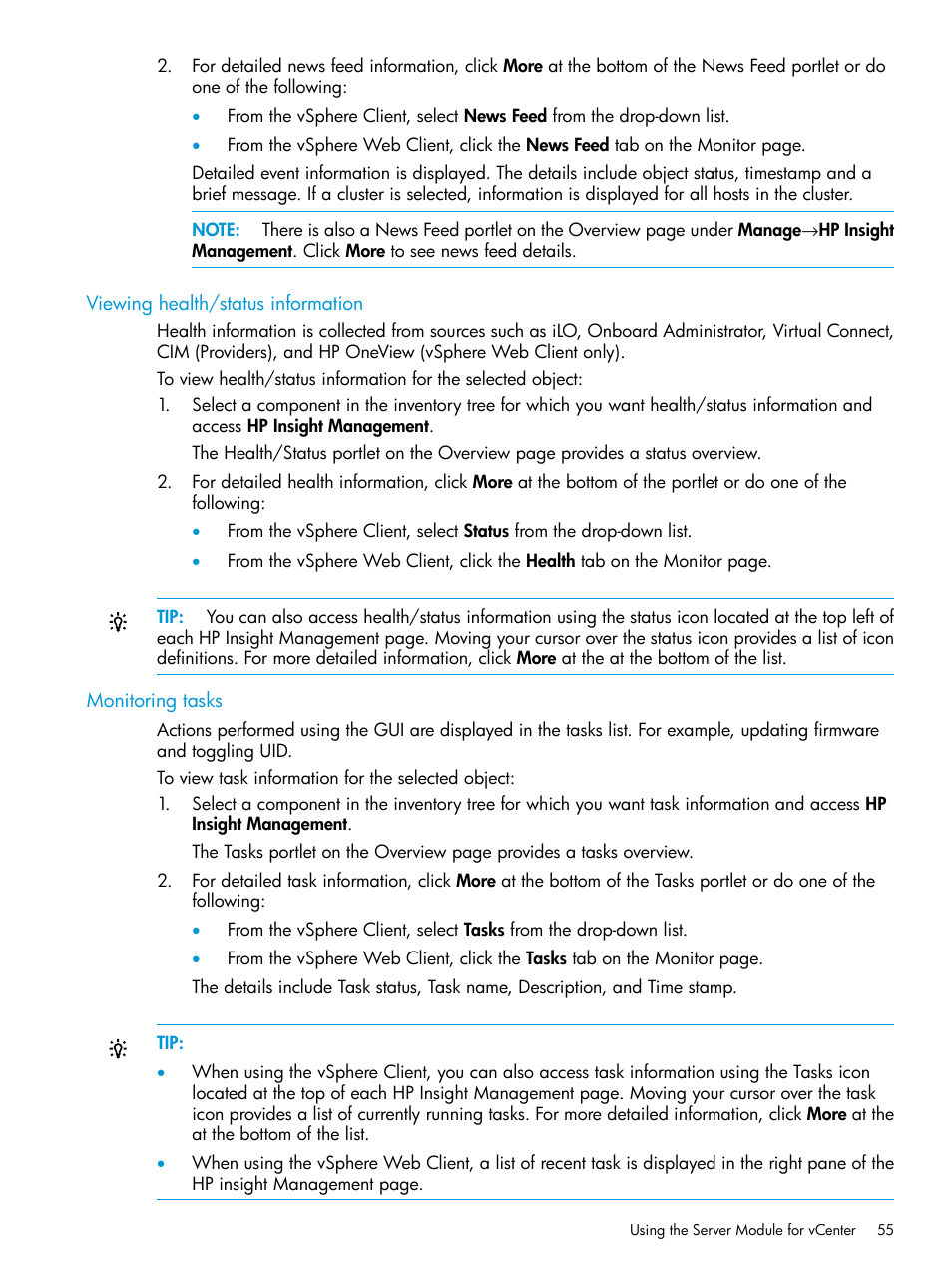 Viewing health/status information, Monitoring tasks, Viewing health/status information monitoring tasks | HP OneView for VMware vCenter User Manual | Page 55 / 153