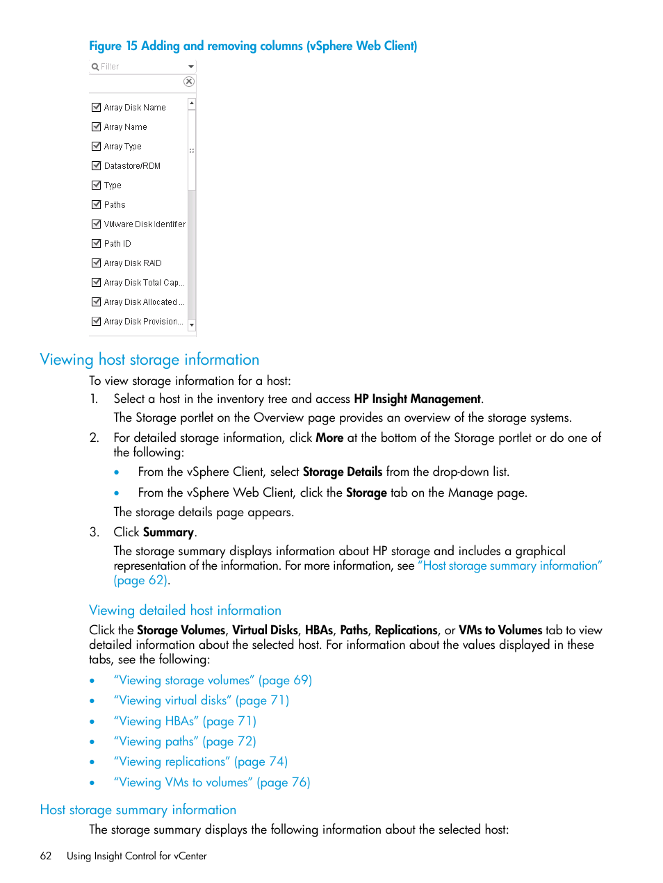 Viewing host storage information, Host storage summary information | HP OneView for VMware vCenter User Manual | Page 62 / 153