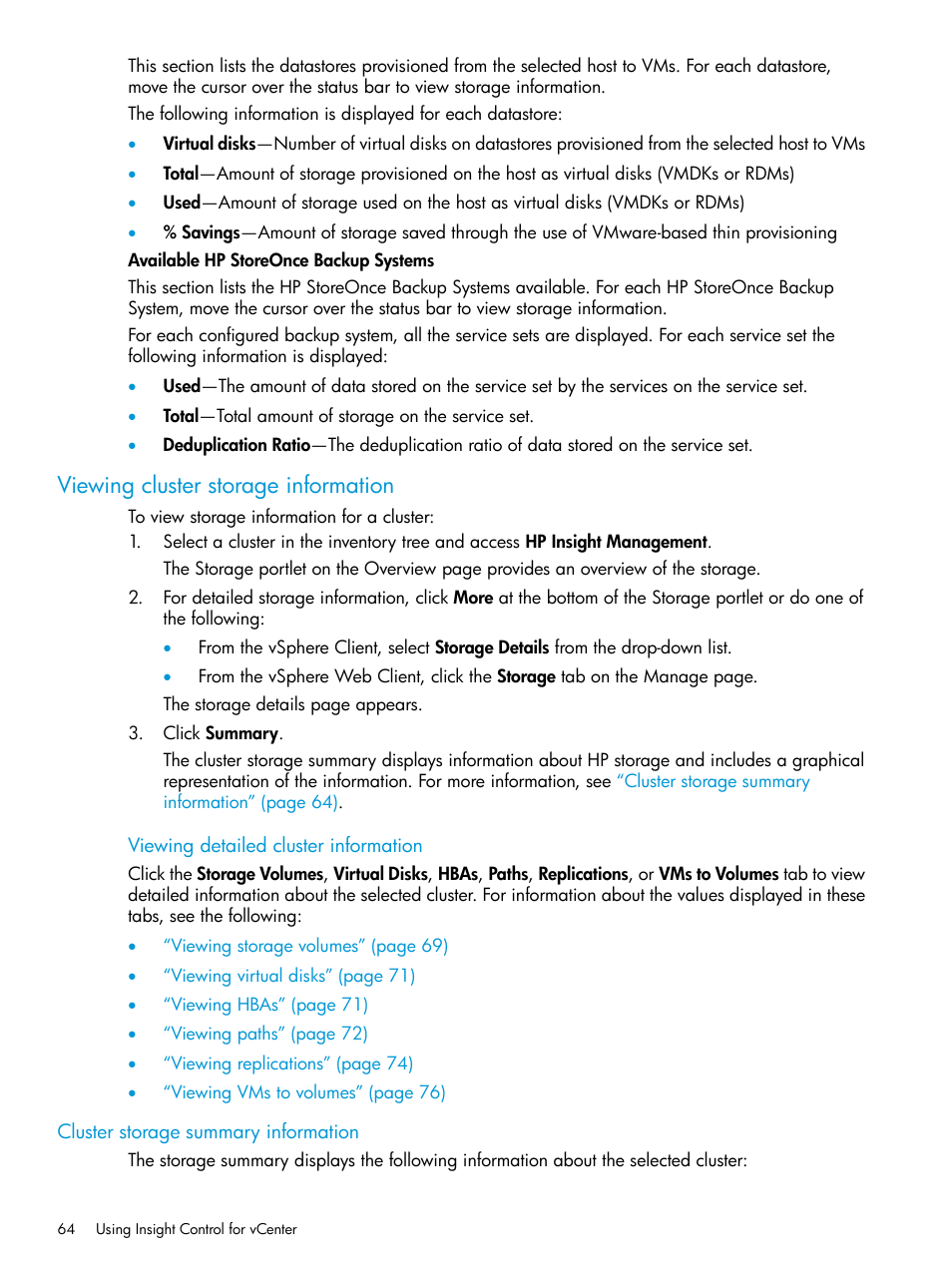 Viewing cluster storage information, Cluster storage summary information | HP OneView for VMware vCenter User Manual | Page 64 / 153