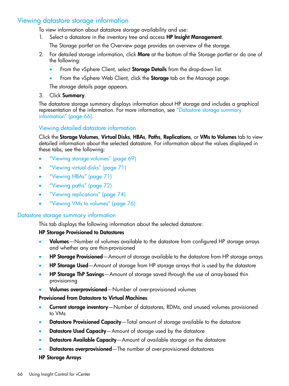 Viewing datastore storage information, Datastore storage summary information | HP OneView for VMware vCenter User Manual | Page 66 / 153