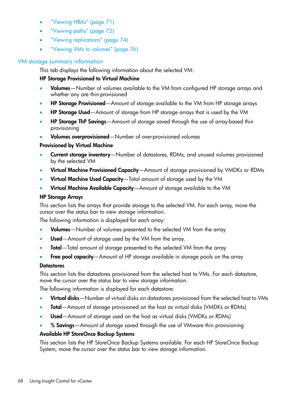 Vm storage summary information | HP OneView for VMware vCenter User Manual | Page 68 / 153