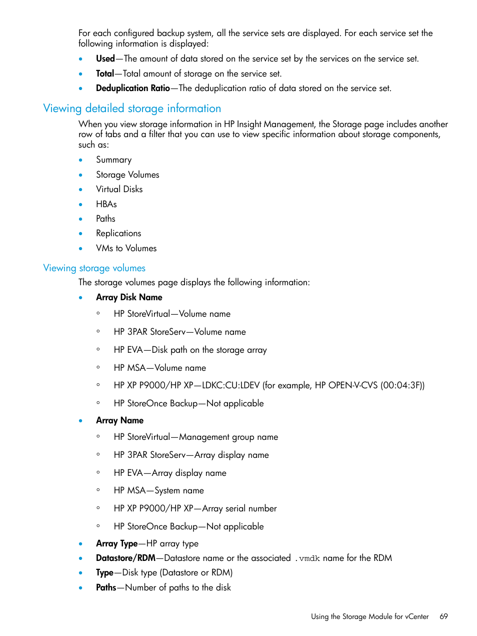 Viewing detailed storage information, Viewing storage volumes | HP OneView for VMware vCenter User Manual | Page 69 / 153