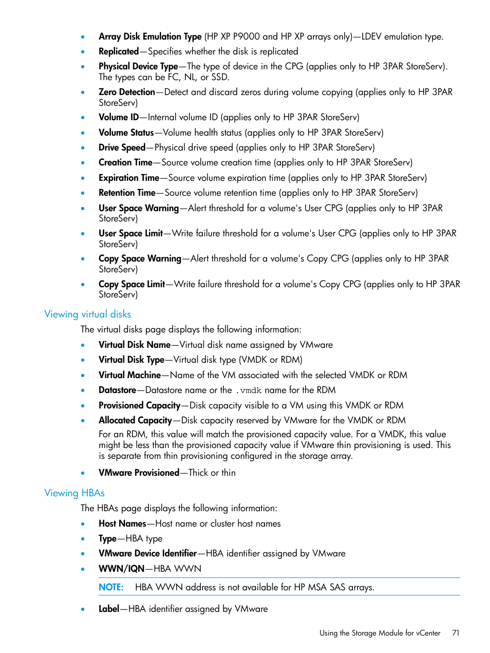 Viewing virtual disks, Viewing hbas | HP OneView for VMware vCenter User Manual | Page 71 / 153