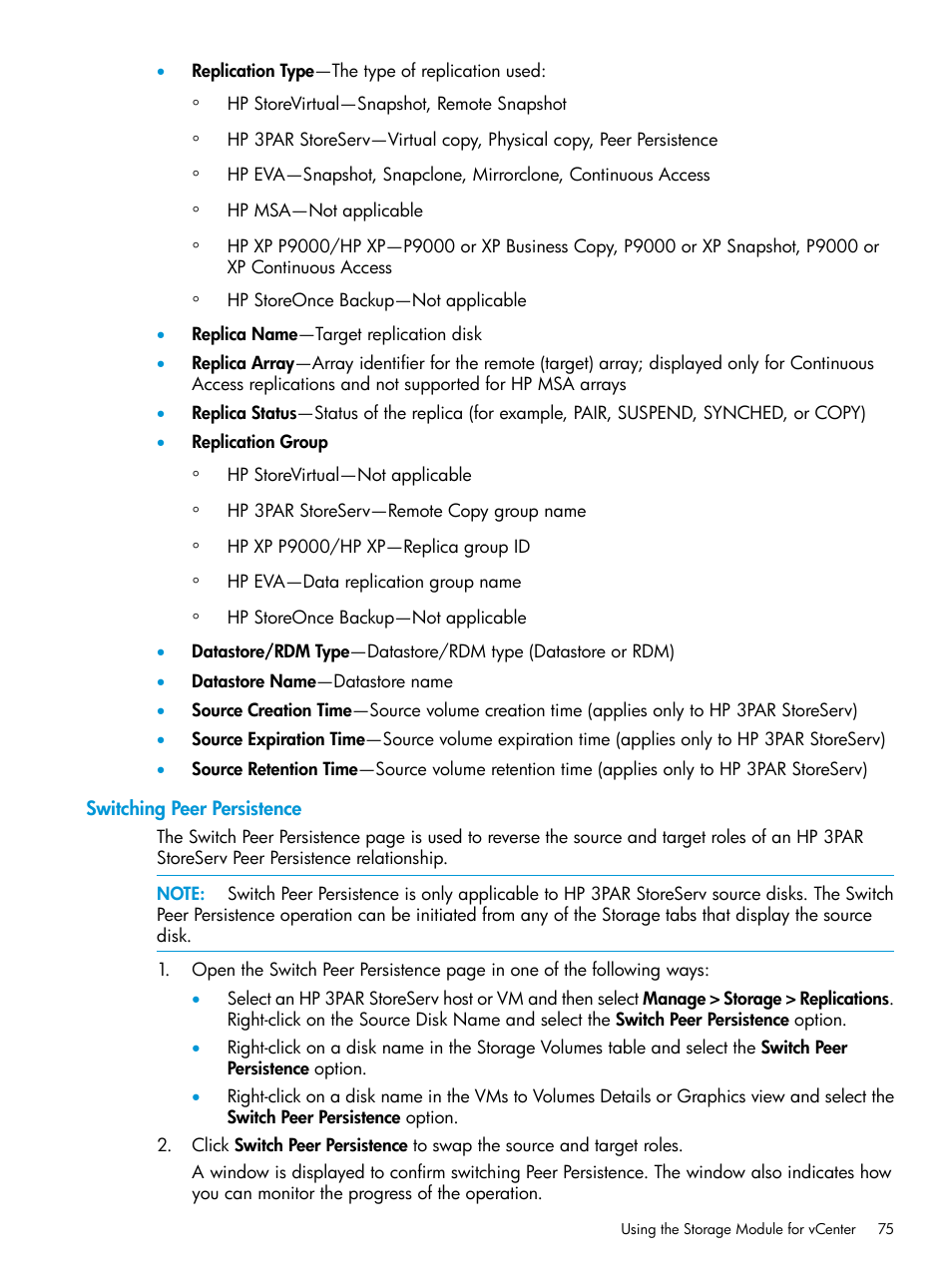 Switching peer persistence | HP OneView for VMware vCenter User Manual | Page 75 / 153