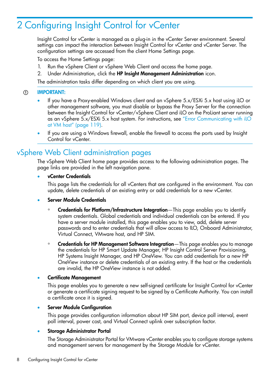 2 configuring insight control for vcenter, Vsphere web client administration pages | HP OneView for VMware vCenter User Manual | Page 8 / 153