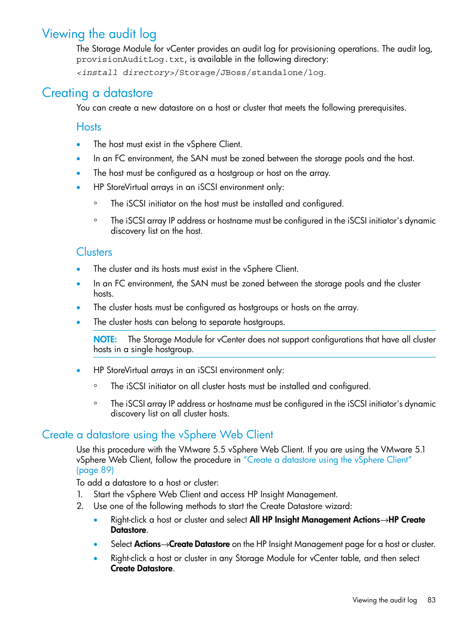 Viewing the audit log, Creating a datastore, Create a datastore using the vsphere web client | Viewing the audit log creating a datastore, Hosts, Clusters | HP OneView for VMware vCenter User Manual | Page 83 / 153