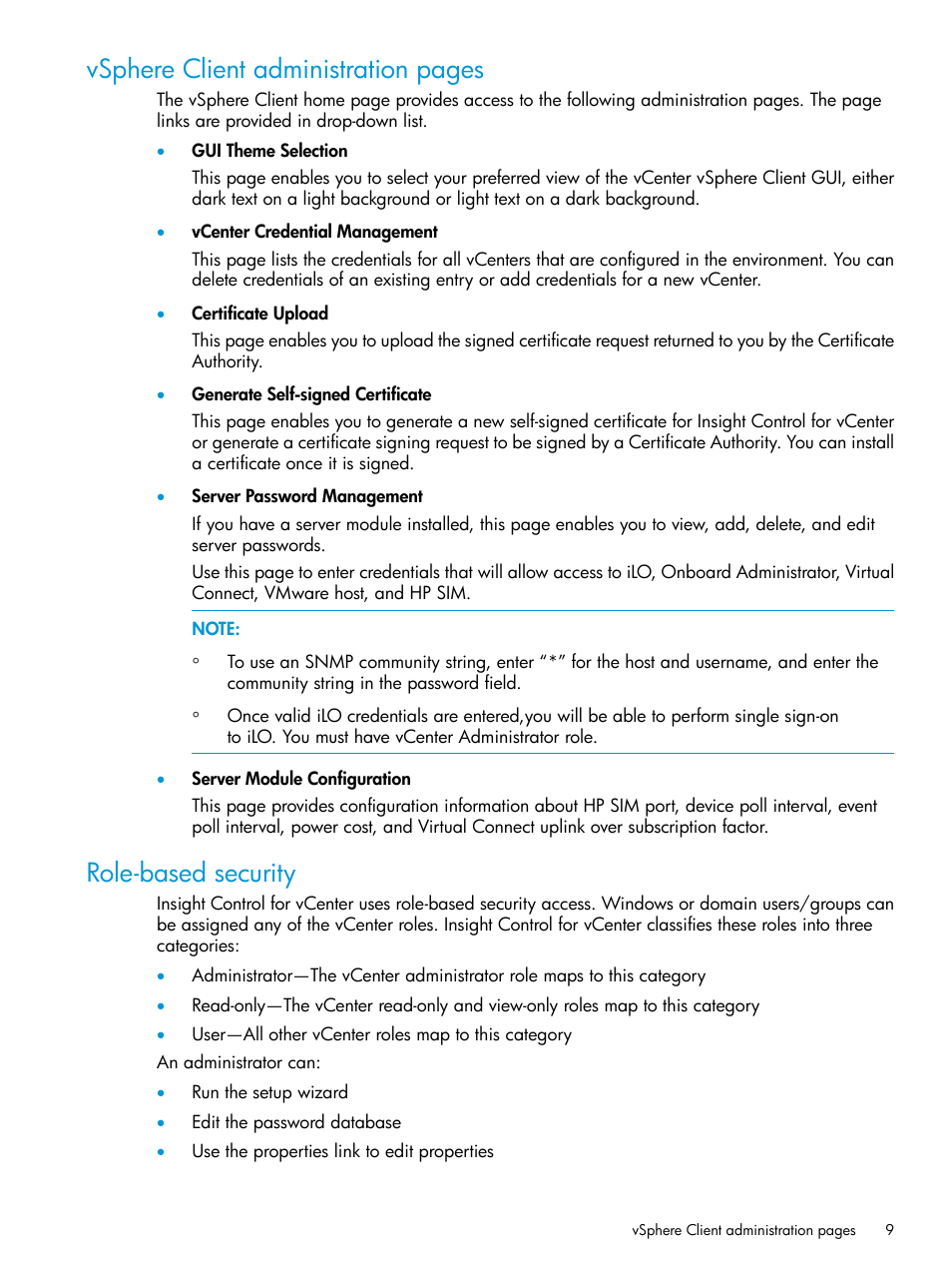 Role-based security, Vsphere client administration pages | HP OneView for VMware vCenter User Manual | Page 9 / 153