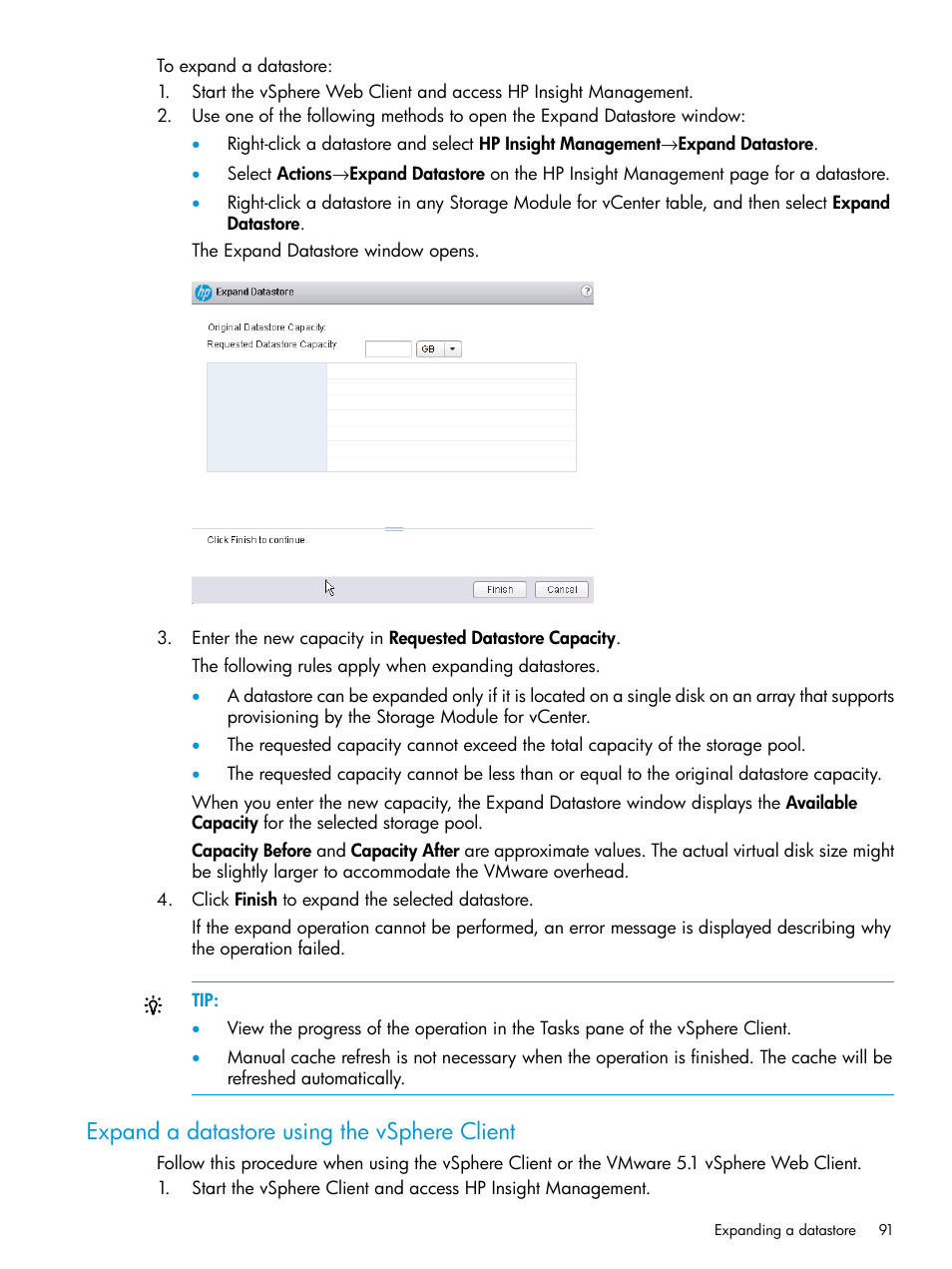 Expand a datastore using the vsphere client | HP OneView for VMware vCenter User Manual | Page 91 / 153