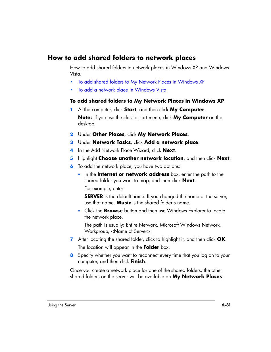 How to add shared folders to network places | HP EX475 MediaSmart Server User Manual | Page 109 / 192