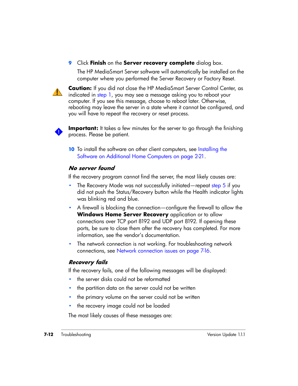HP EX475 MediaSmart Server User Manual | Page 126 / 192