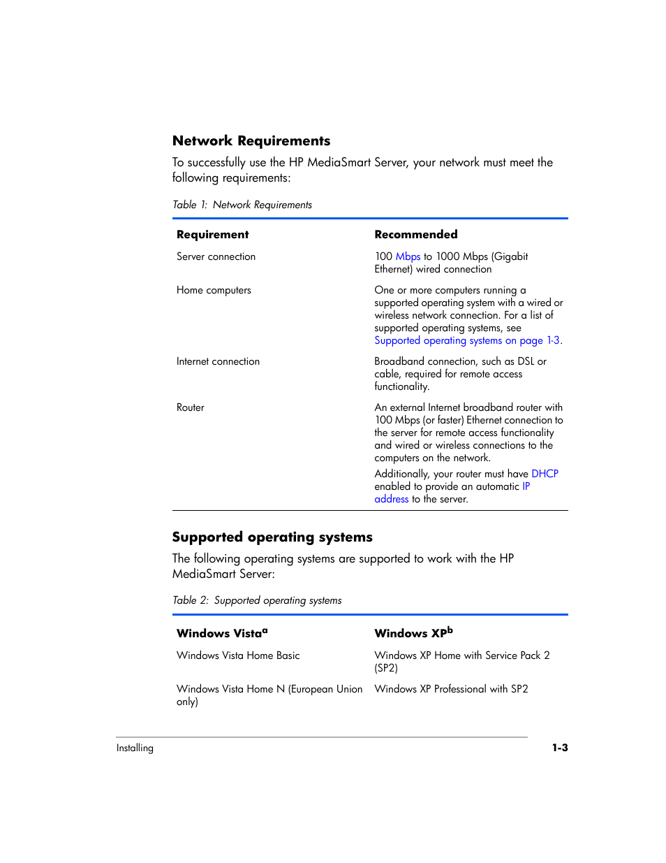 Network requirements, Supported operating systems | HP EX475 MediaSmart Server User Manual | Page 13 / 192