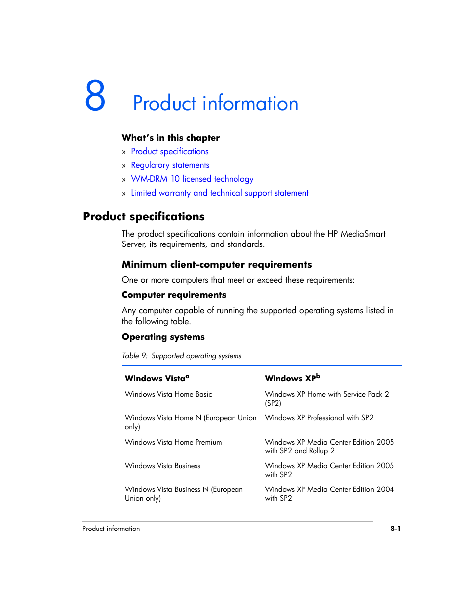 Product information, Product specifications | HP EX475 MediaSmart Server User Manual | Page 151 / 192
