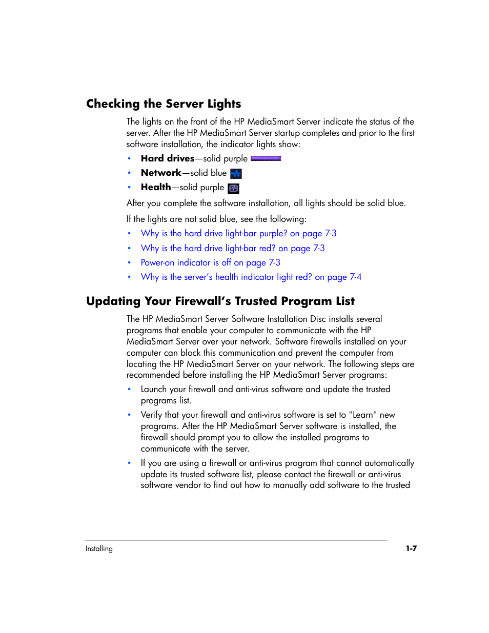 Checking the server lights, Updating your firewall’s trusted program list | HP EX475 MediaSmart Server User Manual | Page 17 / 192