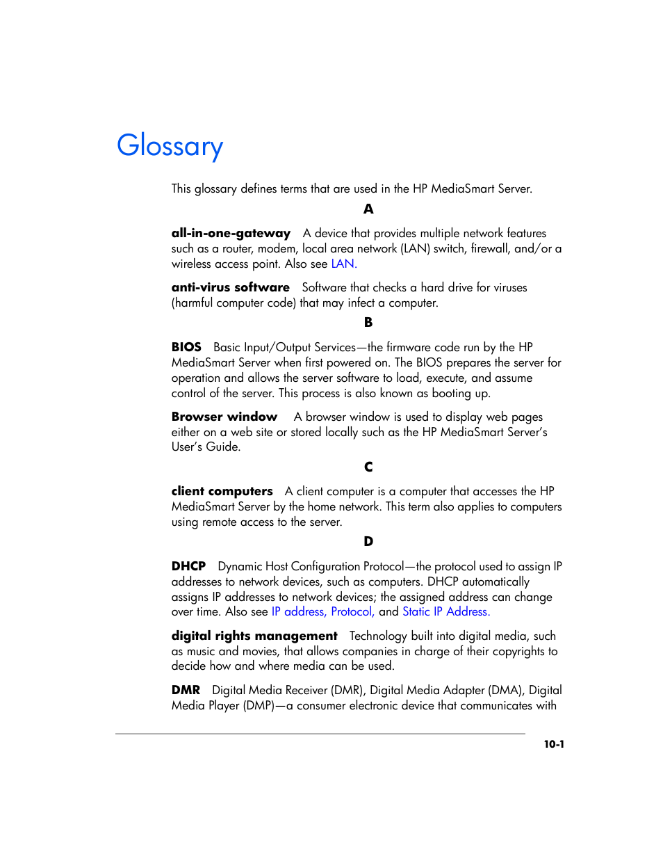 Glossary | HP EX475 MediaSmart Server User Manual | Page 187 / 192