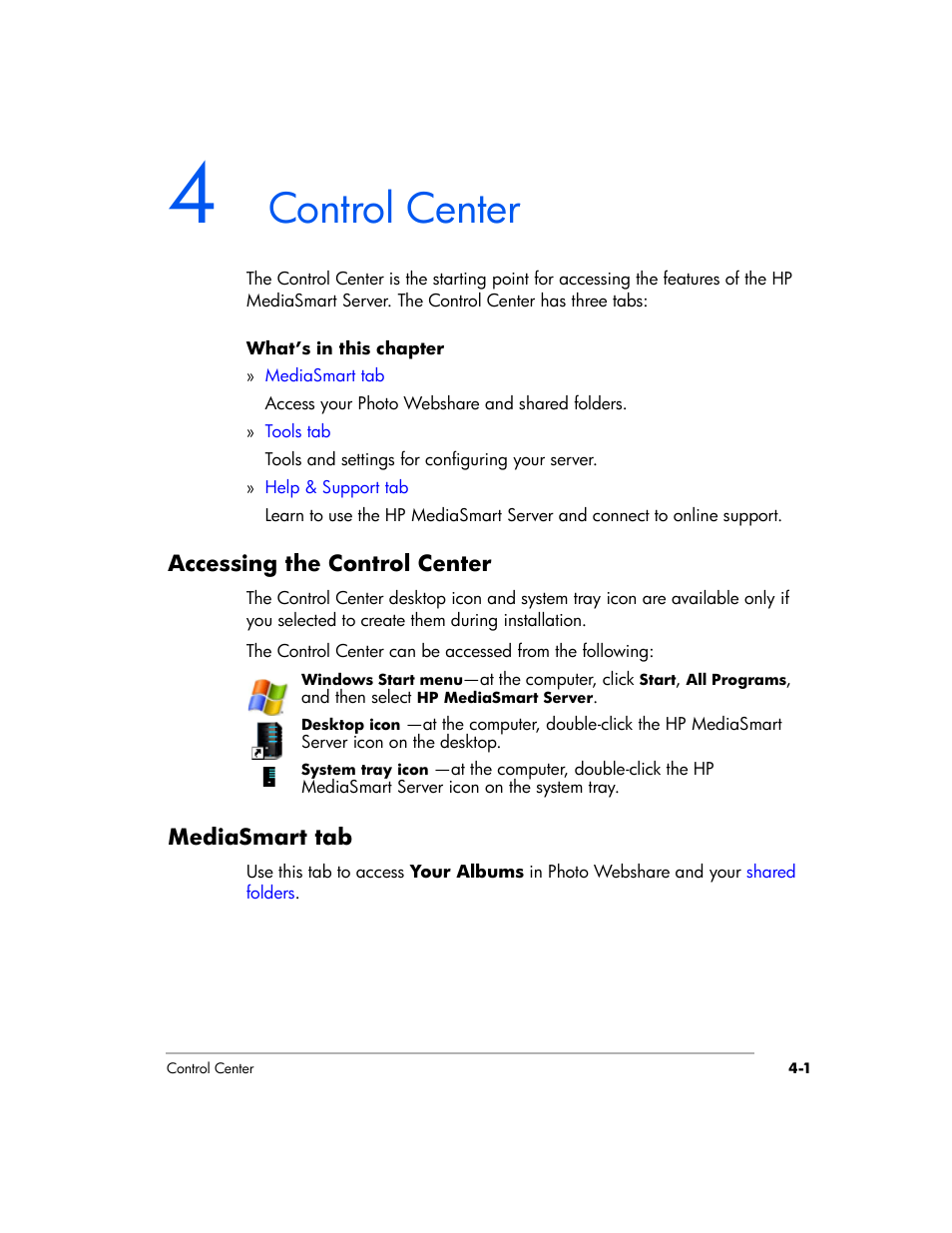 Control center | HP EX475 MediaSmart Server User Manual | Page 51 / 192