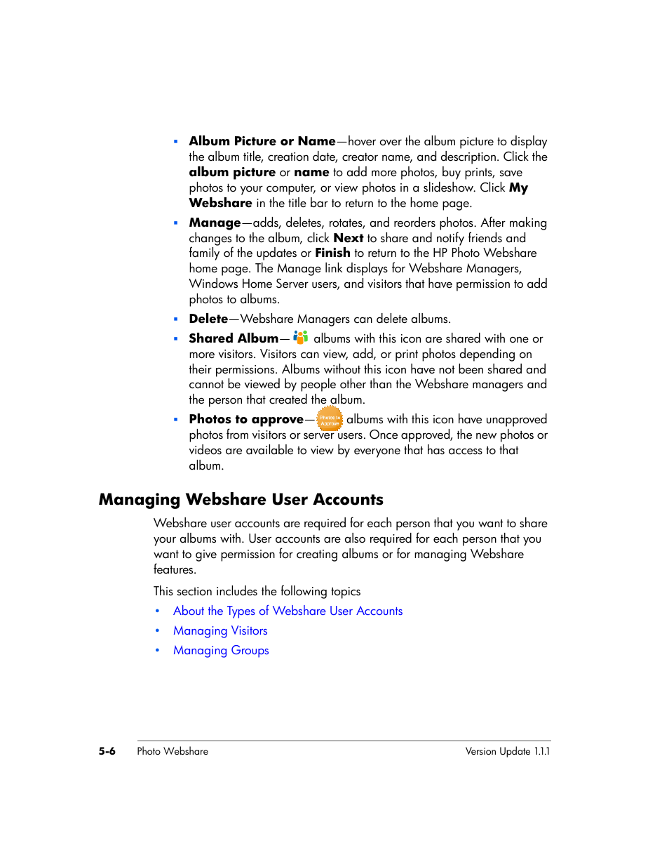 Managing webshare user accounts | HP EX475 MediaSmart Server User Manual | Page 60 / 192
