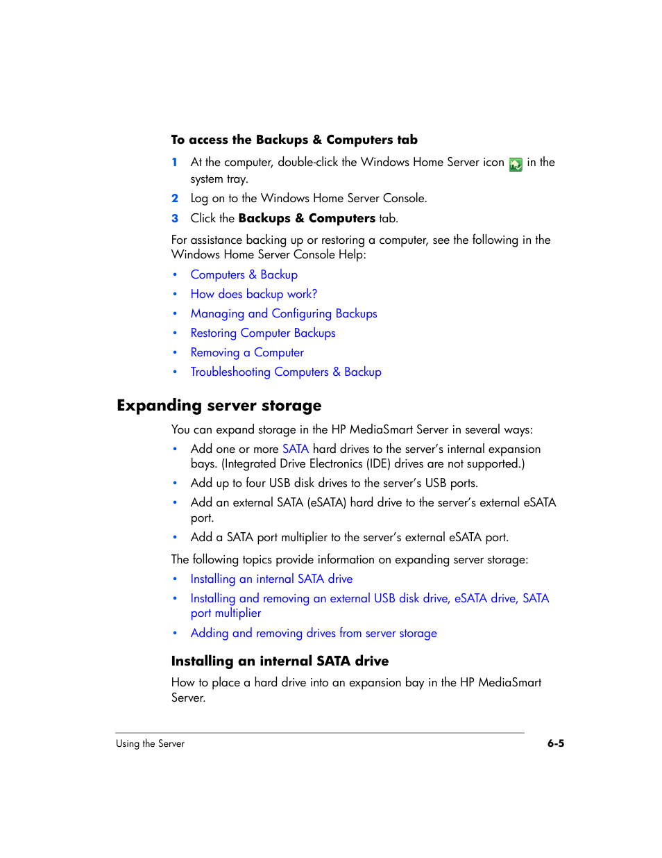 Expanding server storage | HP EX475 MediaSmart Server User Manual | Page 83 / 192