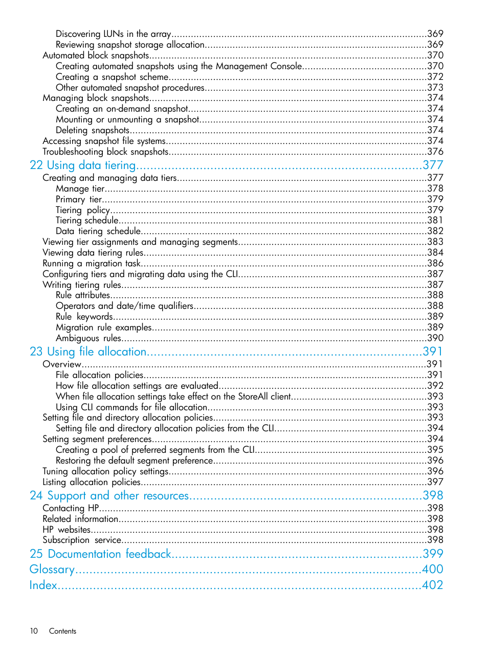 22 using data tiering, 23 using file allocation, 24 support and other resources | 25 documentation feedback glossary index | HP StoreAll Storage User Manual | Page 10 / 406