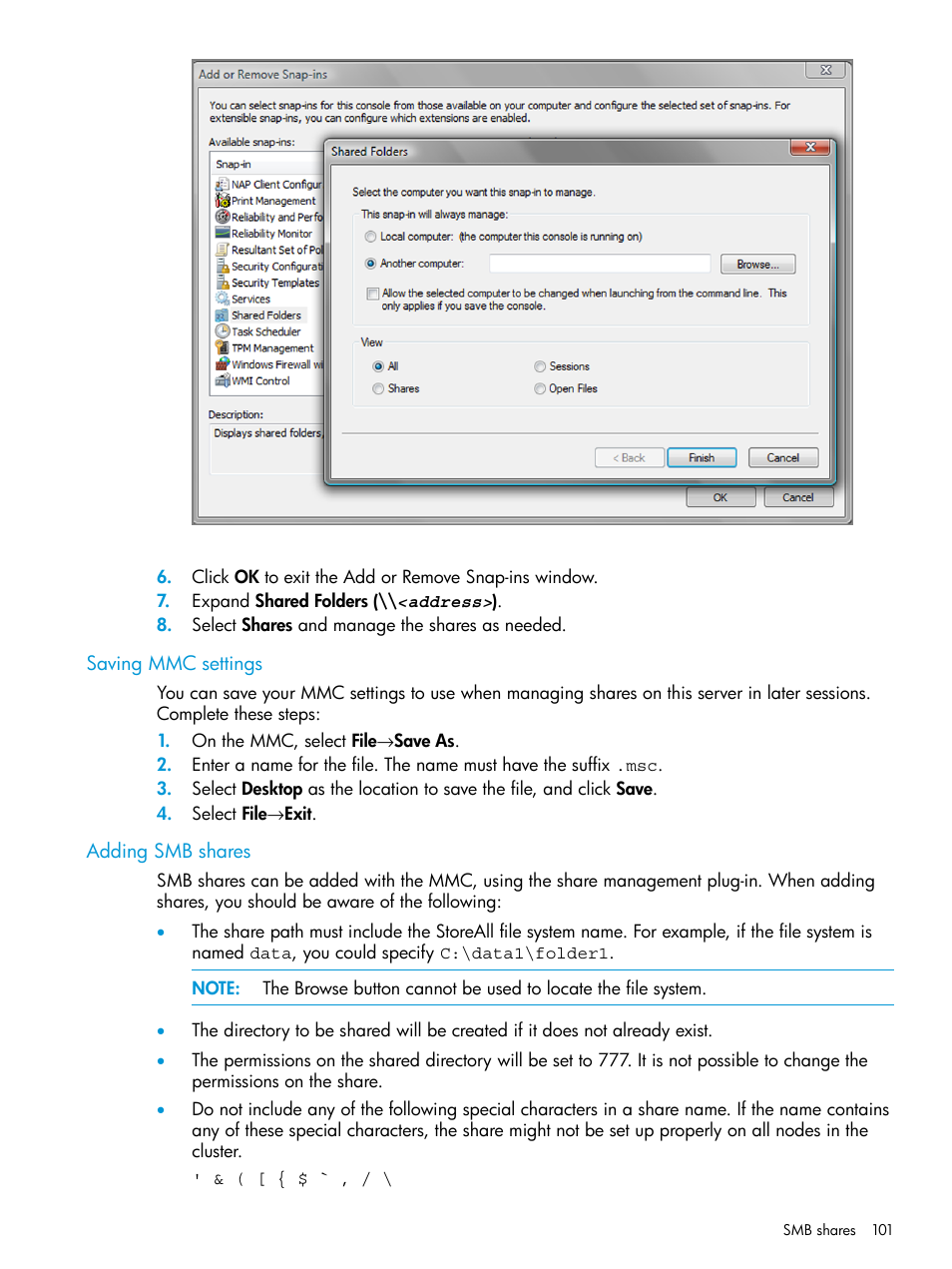 Saving mmc settings, Adding smb shares | HP StoreAll Storage User Manual | Page 101 / 406