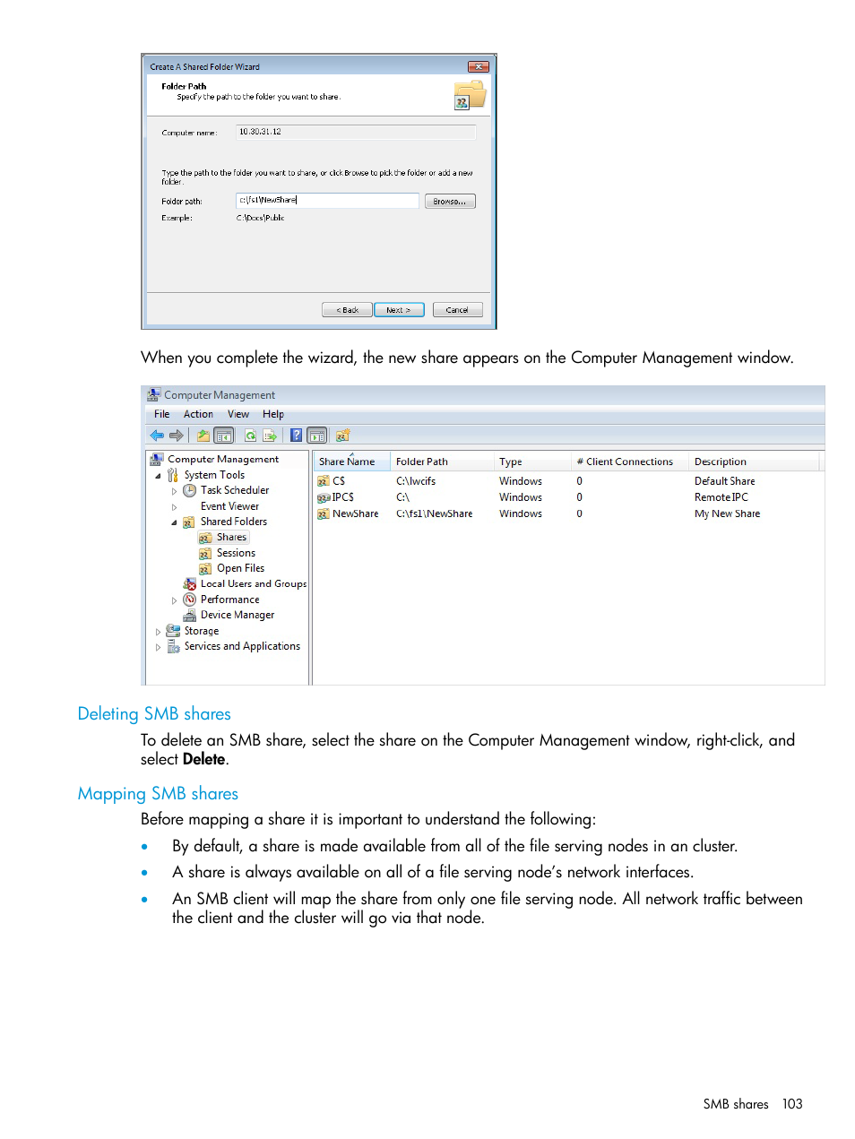 Deleting smb shares, Mapping smb shares | HP StoreAll Storage User Manual | Page 103 / 406