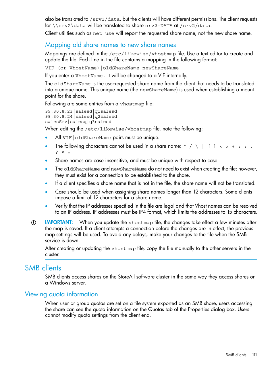 Smb clients, Viewing quota information, Mapping old share names to new share names | HP StoreAll Storage User Manual | Page 111 / 406