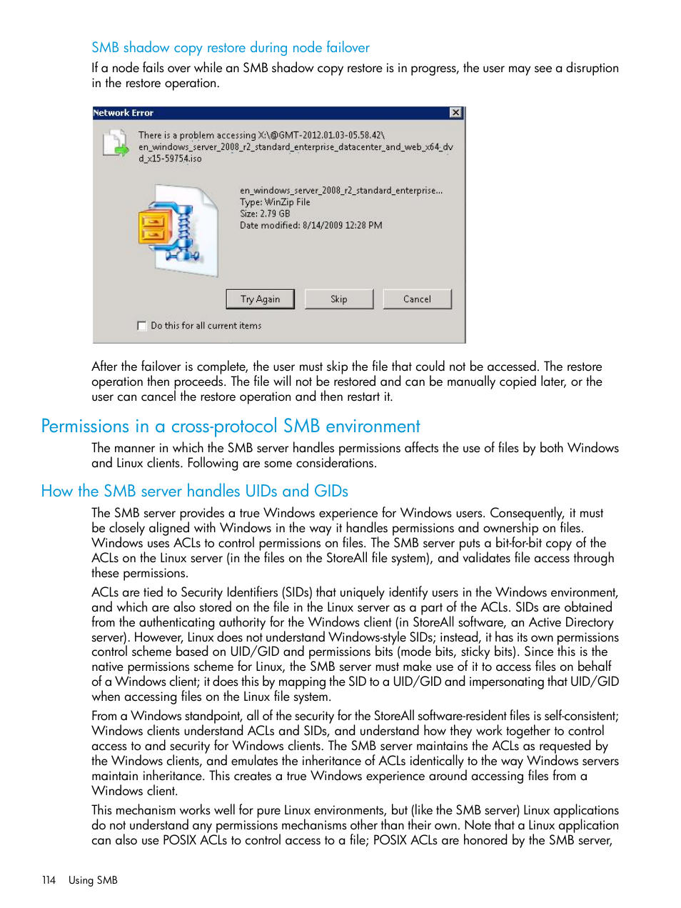 Permissions in a cross-protocol smb environment, How the smb server handles uids and gids | HP StoreAll Storage User Manual | Page 114 / 406