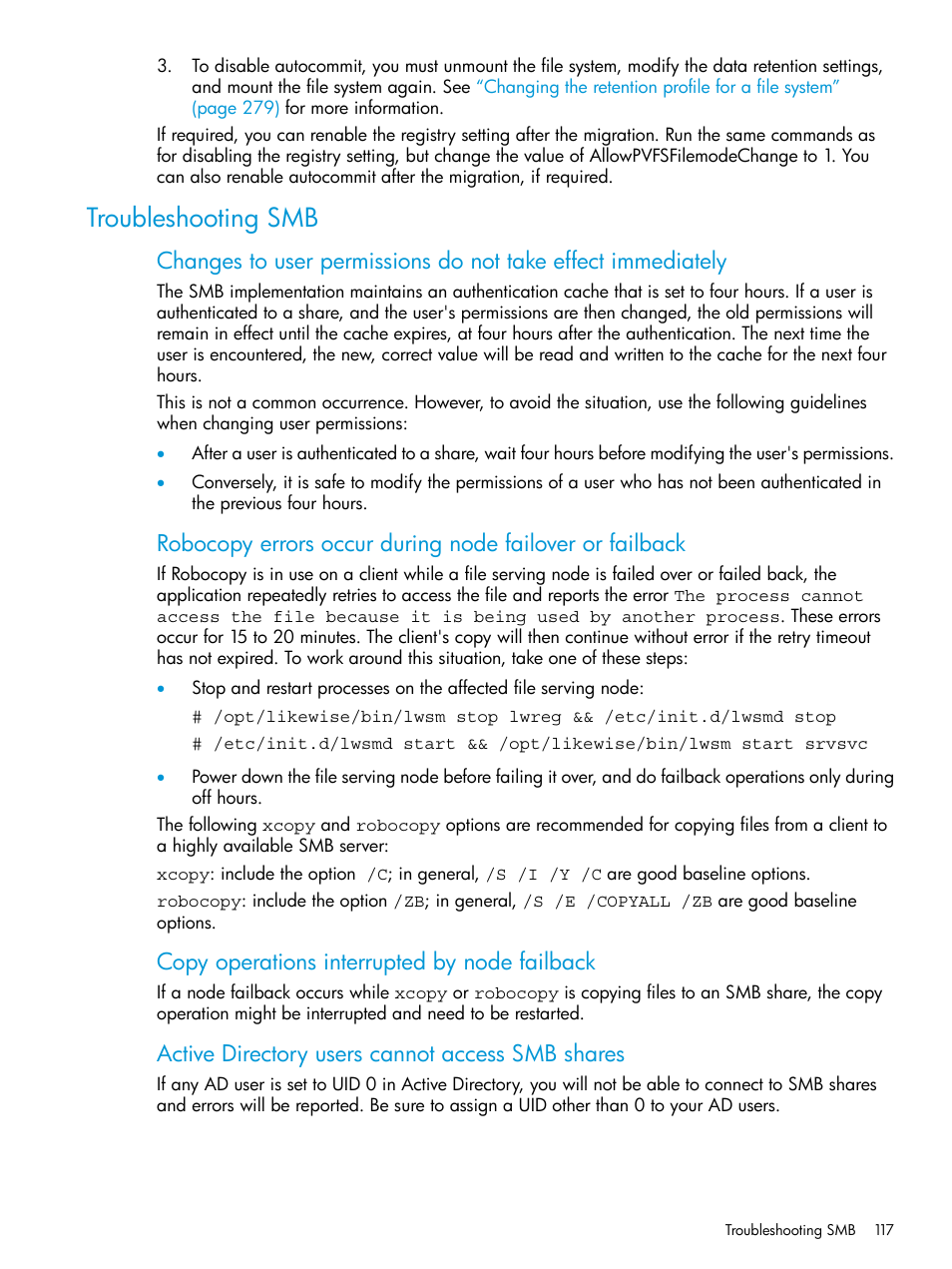 Troubleshooting smb, Copy operations interrupted by node failback, Active directory users cannot access smb shares | HP StoreAll Storage User Manual | Page 117 / 406