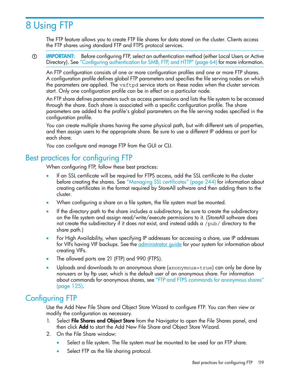 8 using ftp, Best practices for configuring ftp, Configuring ftp | Best practices for configuring ftp configuring ftp | HP StoreAll Storage User Manual | Page 119 / 406