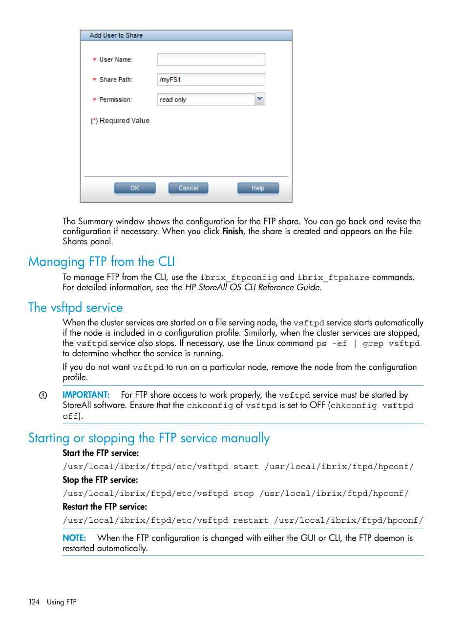 Managing ftp from the cli, The vsftpd service, Starting or stopping the ftp service manually | HP StoreAll Storage User Manual | Page 124 / 406